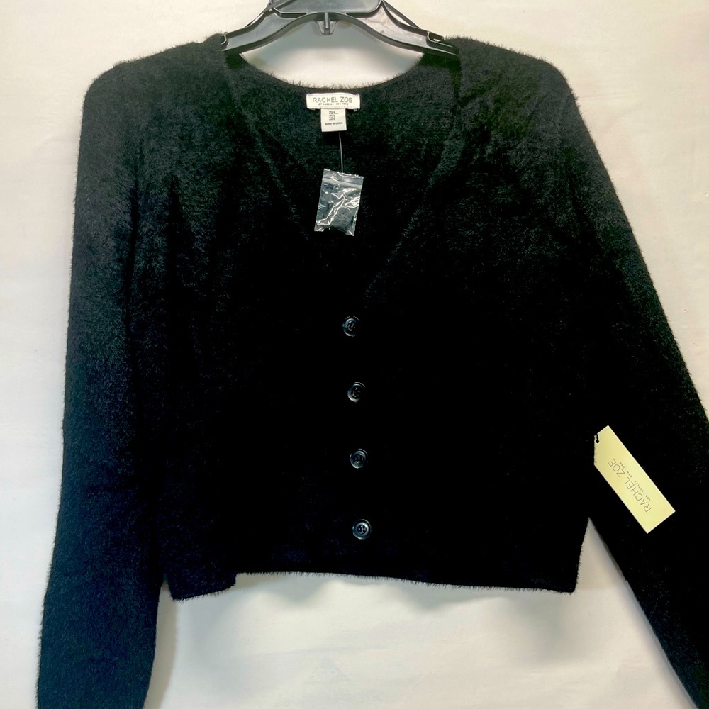RACHEL ZOE BUTTON UP COZY SOFT CROP CARDIGAN WOMEN L BLACK V NECK HEAVYWEIGHT